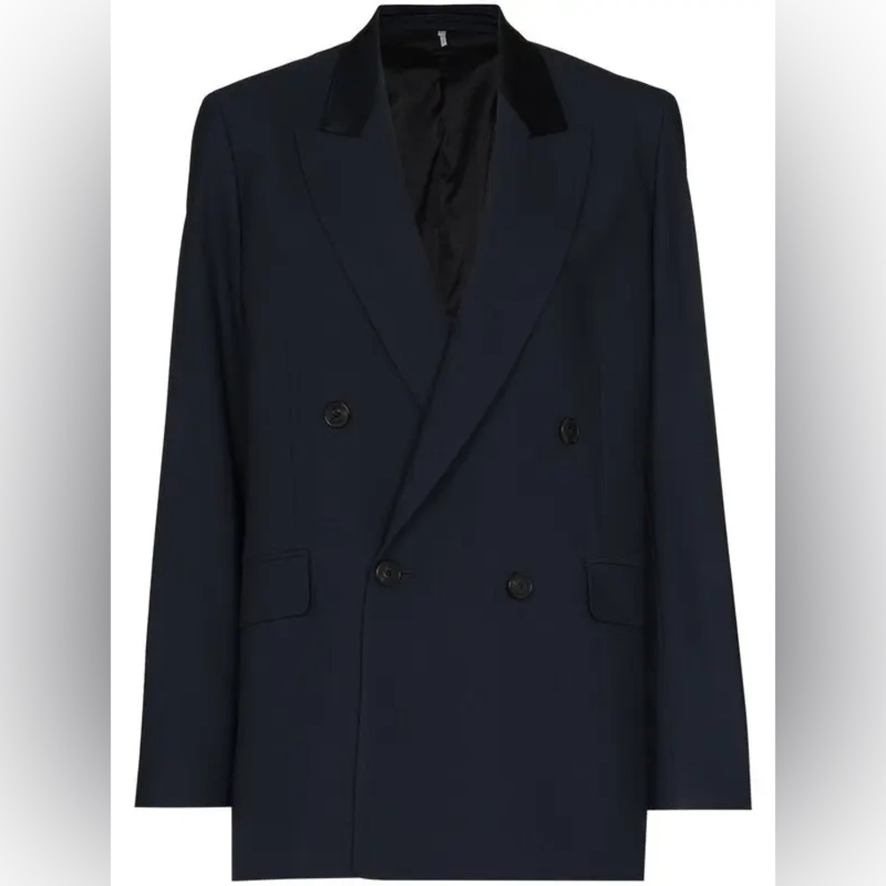 NWT FRAME Navy Double-Breasted Blazer with Satin Collar – Size M/L - Picture 3 of 12
